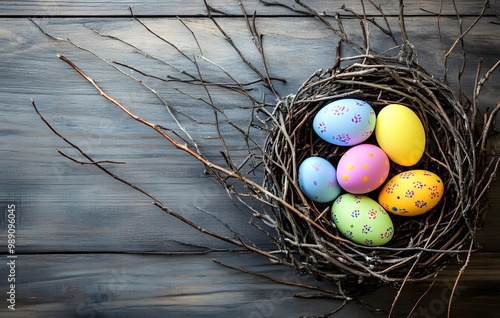 Easter Eggs in a Bird's Nest on Wood photo