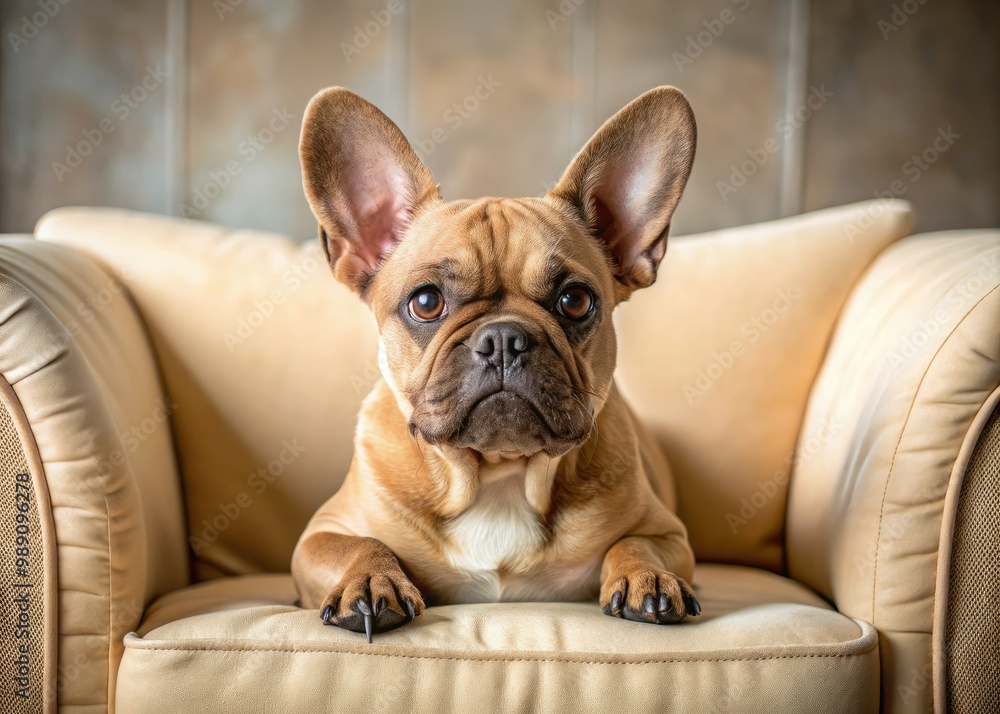 Adorable brown French Bulldog with a wrinkled face and bat ears lounges on a cream-colored sofa, showcasing its playful and affectionate personality. Adorable brown French Bulldog with a wrinkled face and bat ears lounges on a cream-colored sofa, showcasing its playful and affectionate personality.
