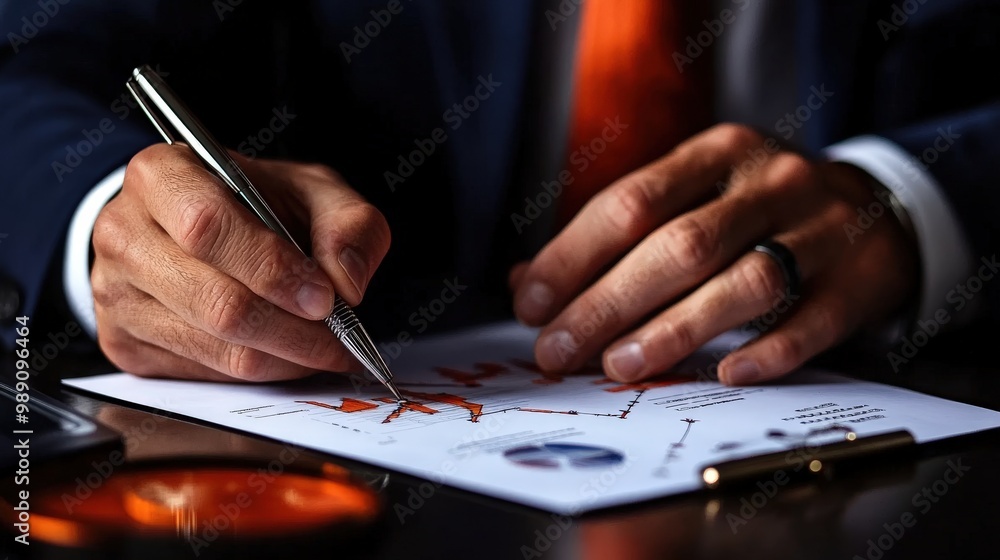 A man holds a pen, analyzing financial trends and graphs on printed reports, reflecting a careful examination of data for decision-making and strategic planning in a professional setting. A man holds a pen, analyzing financial trends and graphs on printed reports, reflecting a careful examination of data for decision-making and strategic planning in a professional setting.