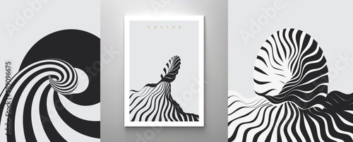 Black and white pattern with optical illusion. Ocean waves. Abstract striped background. Cover design template. 3d vector illustration for placard, banner, brochure, card, etc.