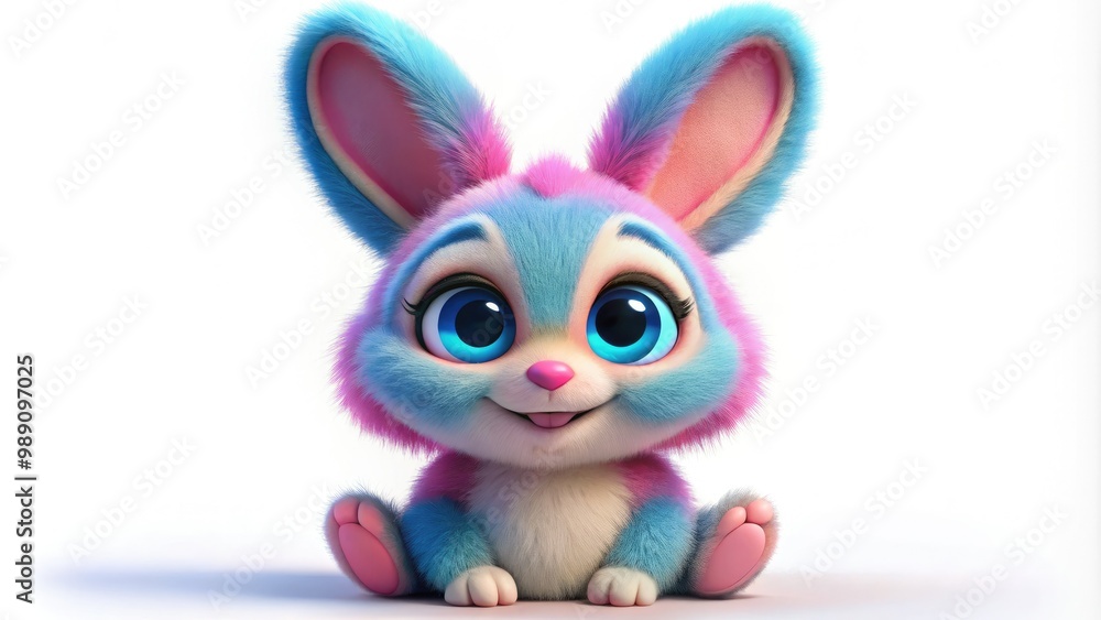 Fototapeta premium Adorable cartoon bunny with pink and blue fur, big bright eyes, and a cheerful smile, sitting on a white background with a subtle shadow.
