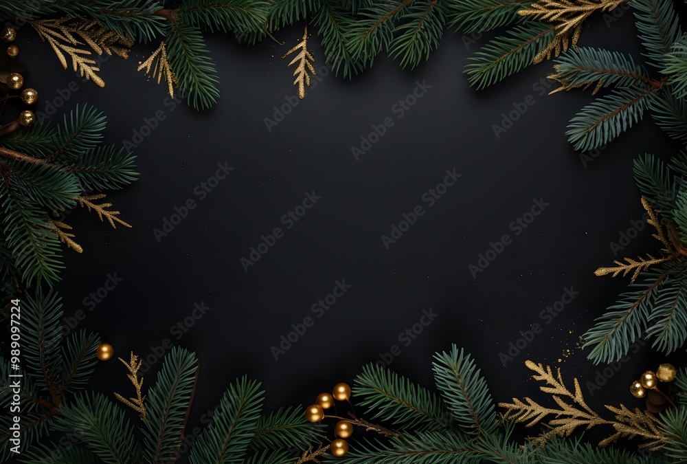 Minimalist Christmas Frame with Pine Branches and Gold Decorations Minimalist Christmas Frame with Pine Branches and Gold Decorations