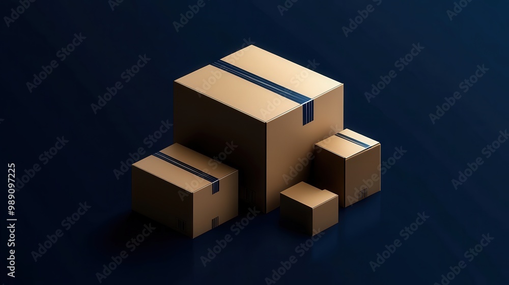 A minimalist photograph depicts four brown cardboard boxes of different sizes, neatly positioned on a dark blue background, illustrating packing or shipping themes in a modern context. A minimalist photograph depicts four brown cardboard boxes of different sizes, neatly positioned on a dark blue background, illustrating packing or shipping themes in a modern context.