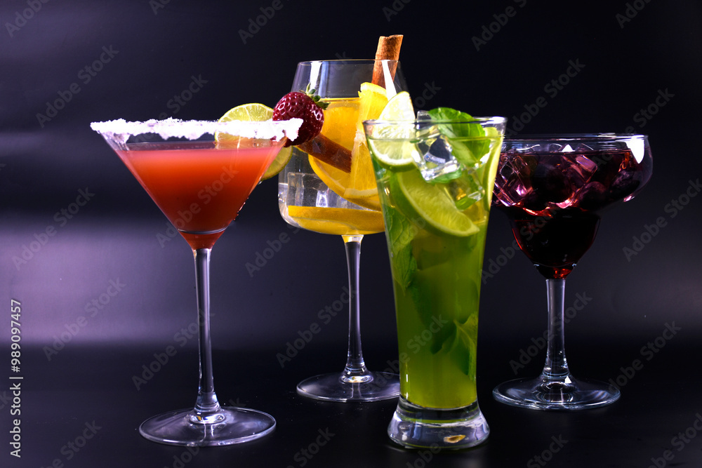 Cocktails for the evening bar. Alcoholic and non-alcoholic. Glasses for alcohol. Bright cocktails. Cocktails for the evening bar. Alcoholic and non-alcoholic. Glasses for alcohol. Bright cocktails.