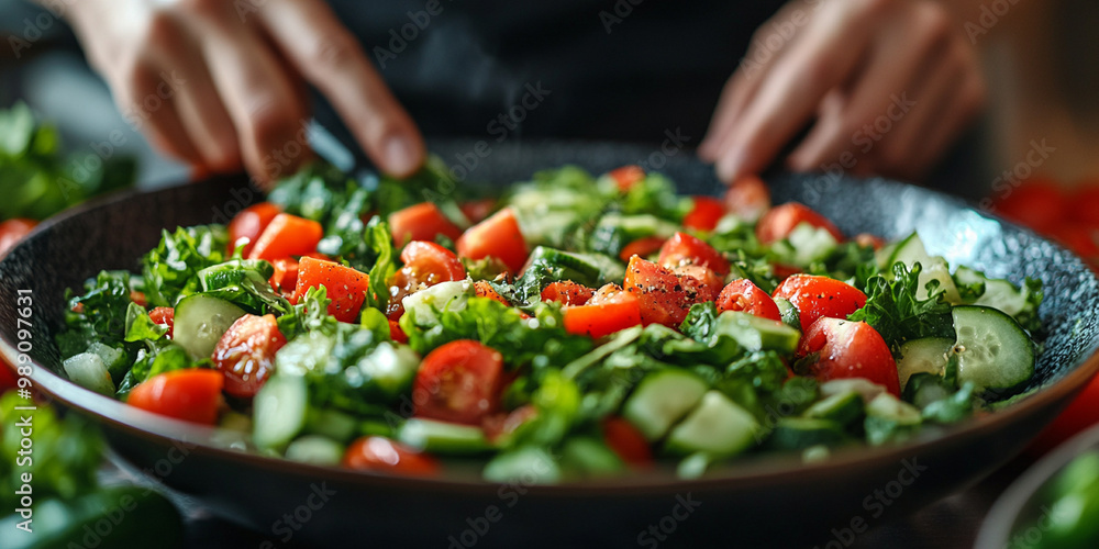 Fresh salad preparation with vibrant vegetables like tomatoes and cucumbers brings burst of color and flavor. hands skillfully mix leafy greens, creating healthy dish Fresh salad preparation with vibrant vegetables like tomatoes and cucumbers brings burst of color and flavor. hands skillfully mix leafy greens, creating healthy dish