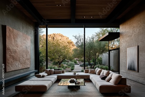 A spacious living room featuring minimalist furniture  large windows with a view of a desert landscape  neutral tones  and contemporary artwork on concrete walls.
