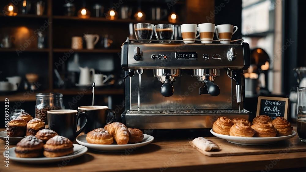 Coffee stand with espresso machine and pastries background Coffee stand with espresso machine and pastries background