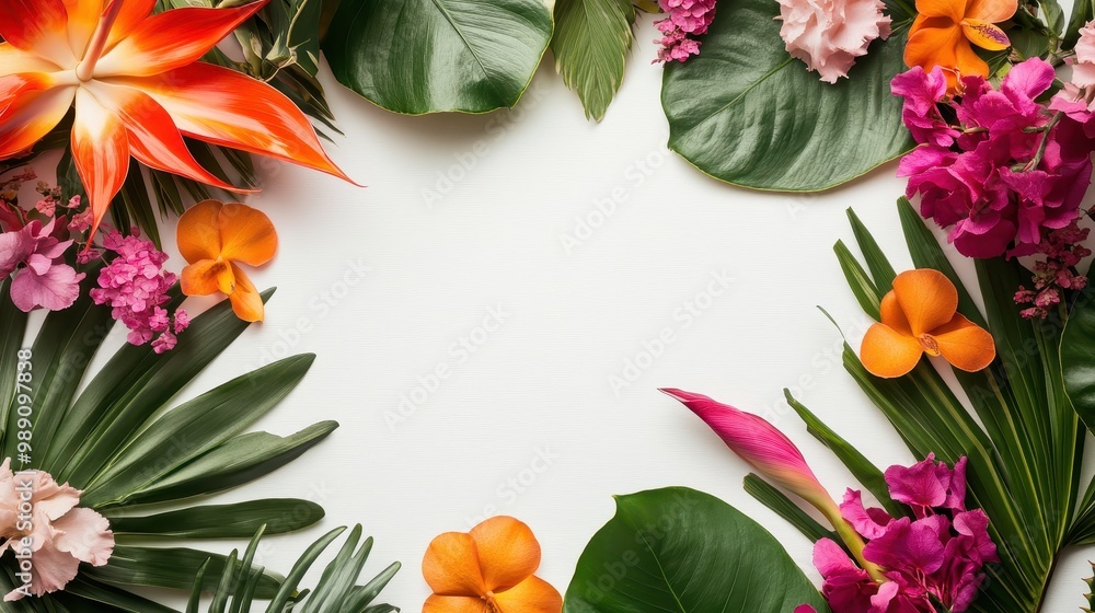 A vibrant arrangement of tropical flowers and leaves framing a blank space. A vibrant arrangement of tropical flowers and leaves framing a blank space.