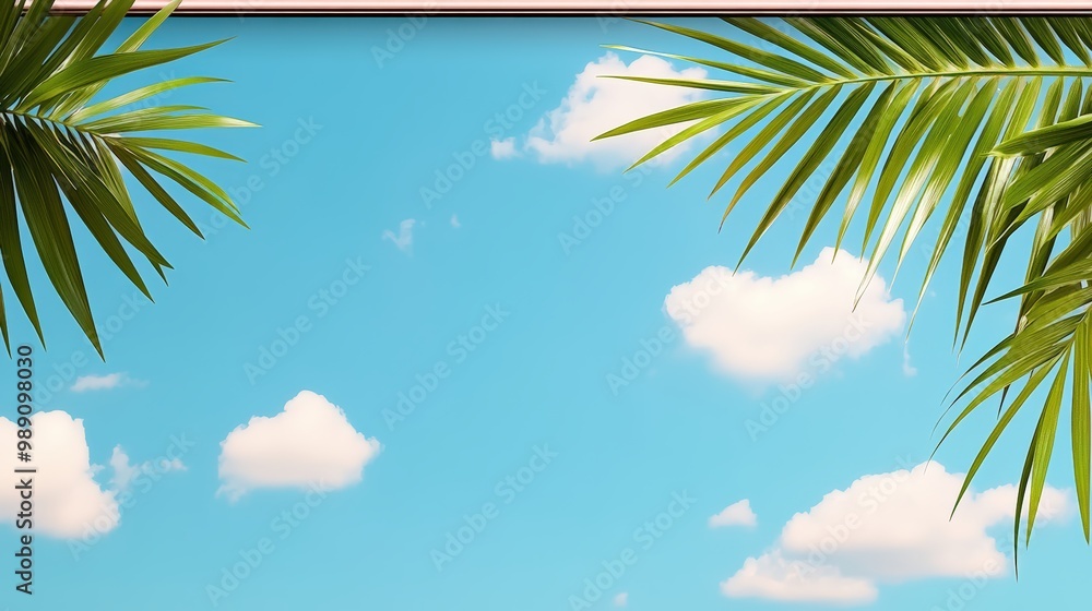 A clear blue sky with scattered white clouds is framed by lush green palm leaves, creating a serene and refreshing tropical scene that exudes calmness and relaxation. A clear blue sky with scattered white clouds is framed by lush green palm leaves, creating a serene and refreshing tropical scene that exudes calmness and relaxation.
