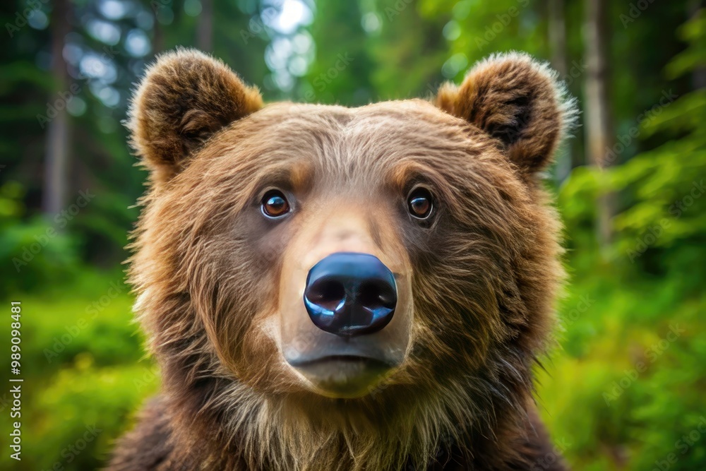 Adorable close-up of a curious brown bear's face, featuring a fluffy snout, bright eyes, and a gentle expression amidst a lush forest background. Adorable close-up of a curious brown bear's face, featuring a fluffy snout, bright eyes, and a gentle expression amidst a lush forest background.