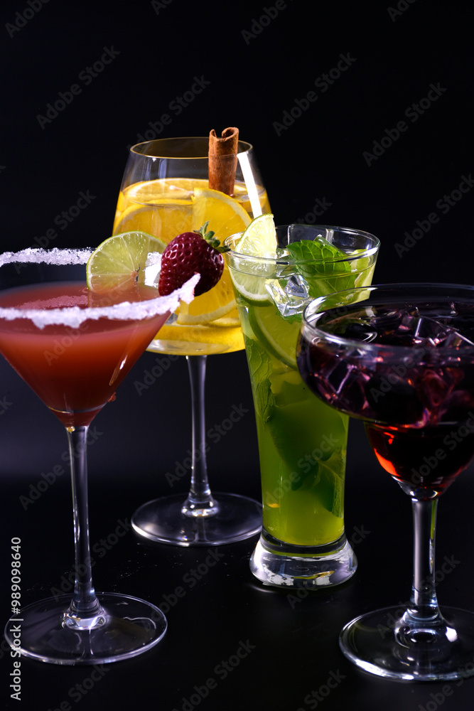 Cocktails for the evening bar. Alcoholic and non-alcoholic. Glasses for alcohol. Bright cocktails. Cocktails for the evening bar. Alcoholic and non-alcoholic. Glasses for alcohol. Bright cocktails.