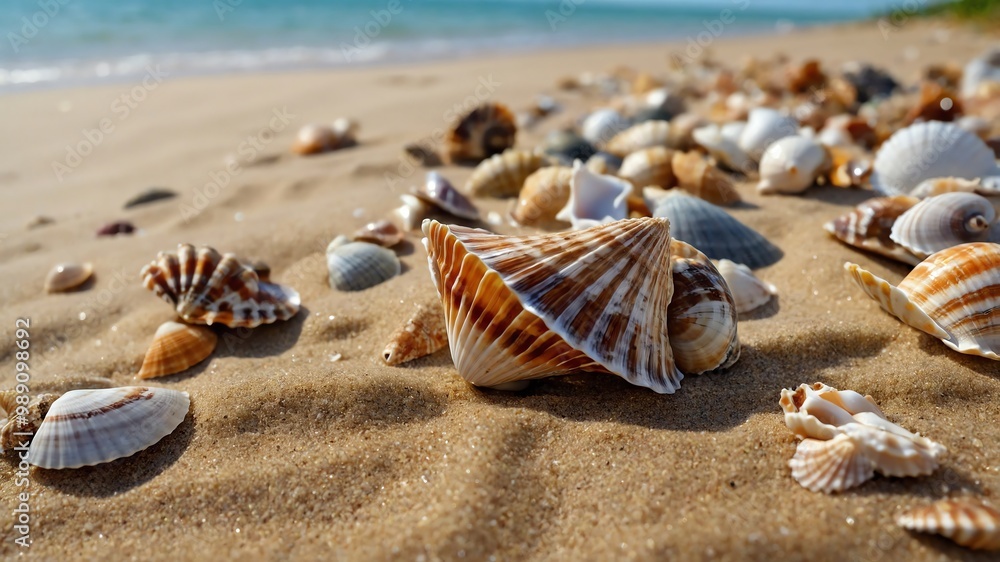 Collection of seashells on sandy beach background Collection of seashells on sandy beach background