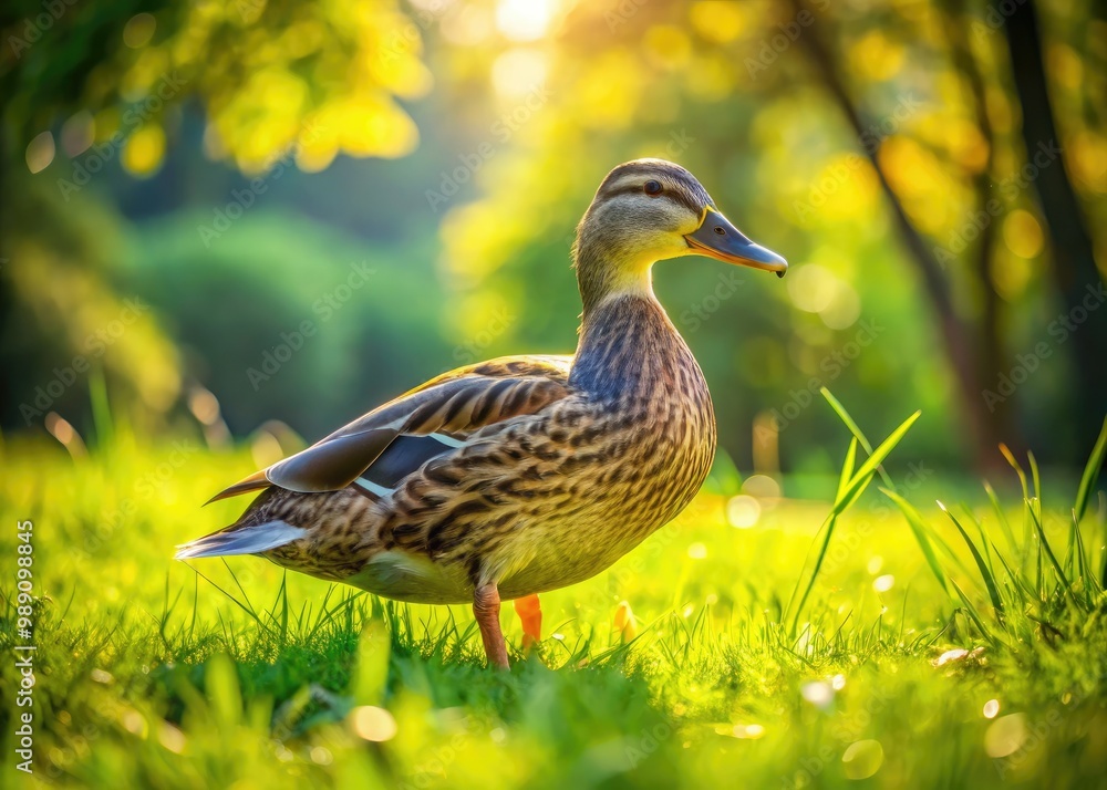 Adorable domesticated duck waddles on green grass, feathers glistening in sunlight, beak and webbed feet visible, surrounded by lush vegetation and serene natural atmosphere. Adorable domesticated duck waddles on green grass, feathers glistening in sunlight, beak and webbed feet visible, surrounded by lush vegetation and serene natural atmosphere.