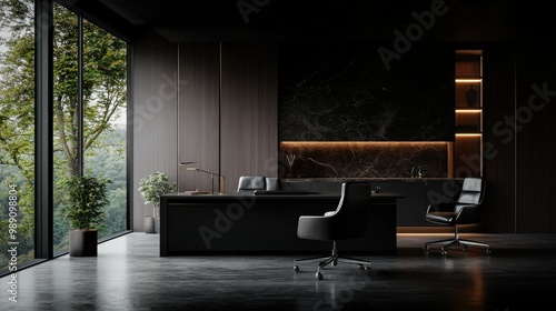 A stylish and elegant office setting with black marble accents  modern furniture including a well-designed desk  ergonomic chair  and full-length windows offering a forest view.