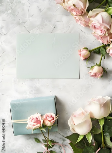 Elegant Blank Card with Pink Roses & Gift Box for Mother's Day