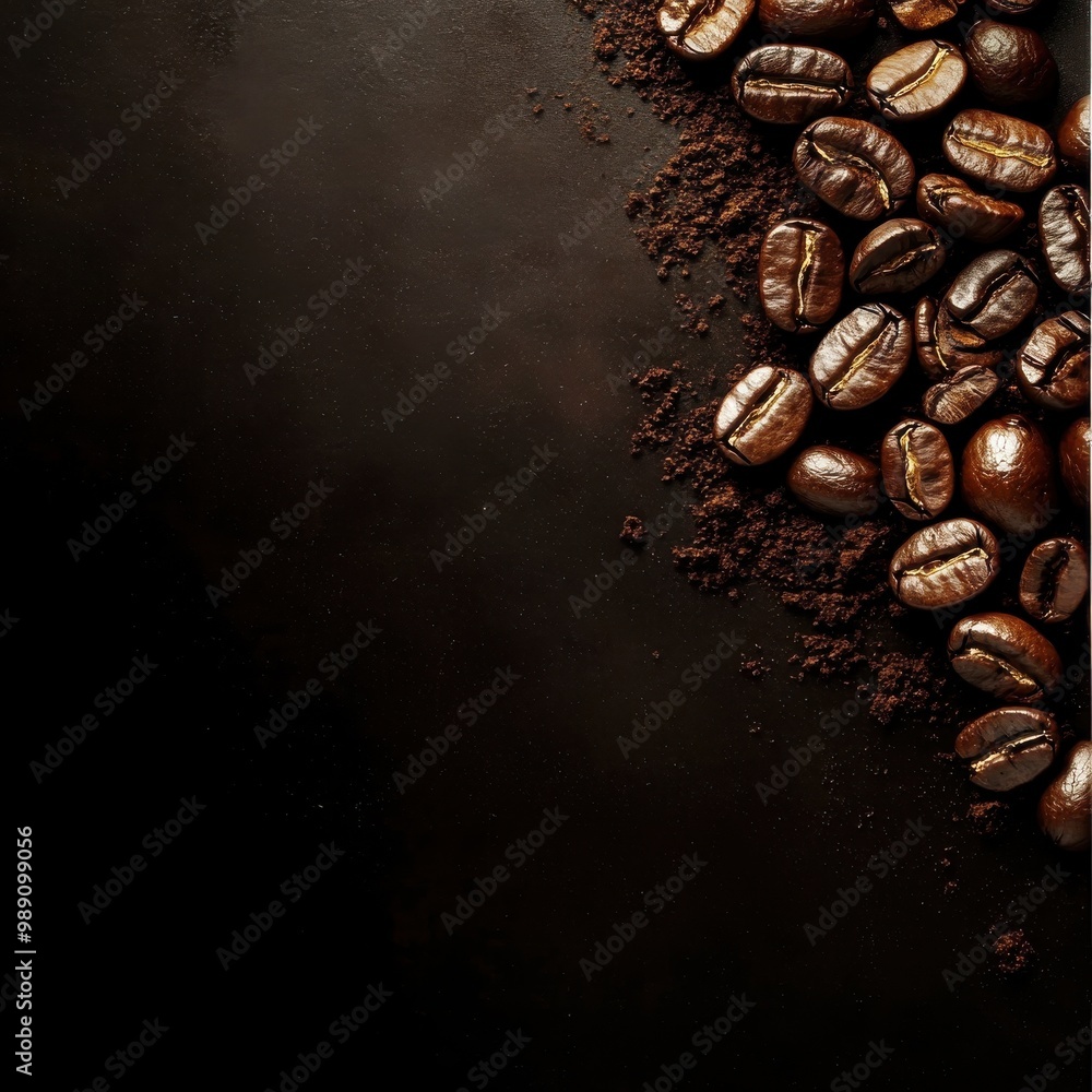 Close-up of roasted coffee beans scattered over a dark surface with ground coffee, ideal for coffee-related projects. Close-up of roasted coffee beans scattered over a dark surface with ground coffee, ideal for coffee-related projects.