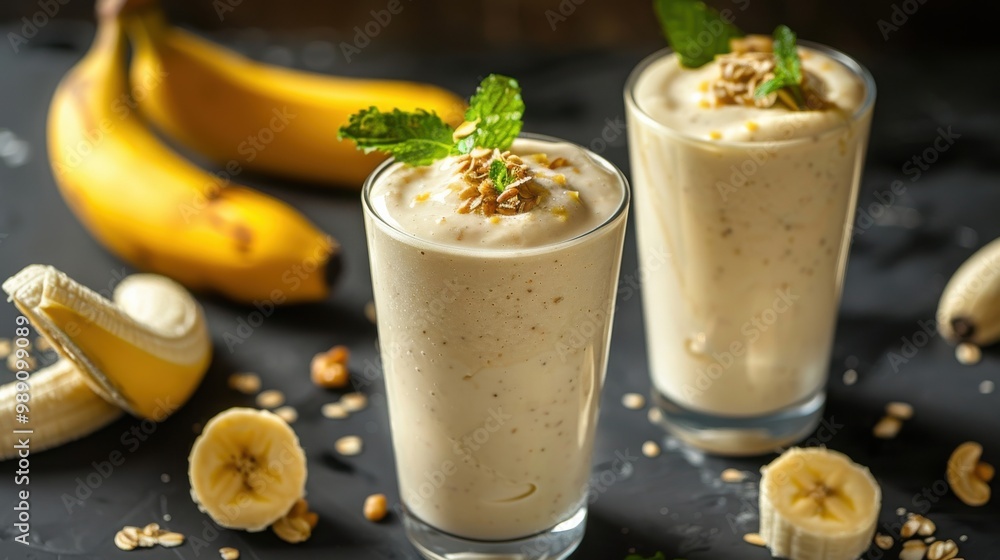 Creamy Banana Smoothie with Nuts and Mint Garnish Creamy Banana Smoothie with Nuts and Mint Garnish