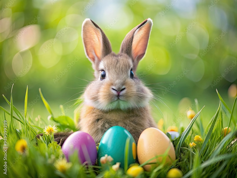 Adorable fluffy bunny with twitching whiskers and bright curious eyes peeks out from behind a colorful Easter egg in a lush green meadow background. Adorable fluffy bunny with twitching whiskers and bright curious eyes peeks out from behind a colorful Easter egg in a lush green meadow background.