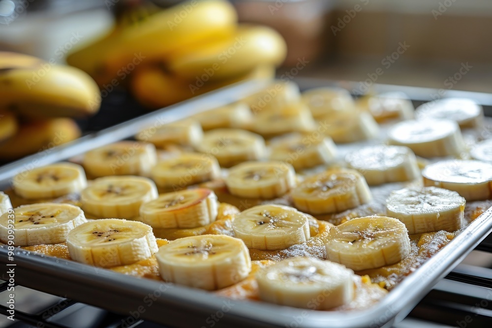 Sliced Bananas Arranged on a Baking Tray for Cooking Sliced Bananas Arranged on a Baking Tray for Cooking