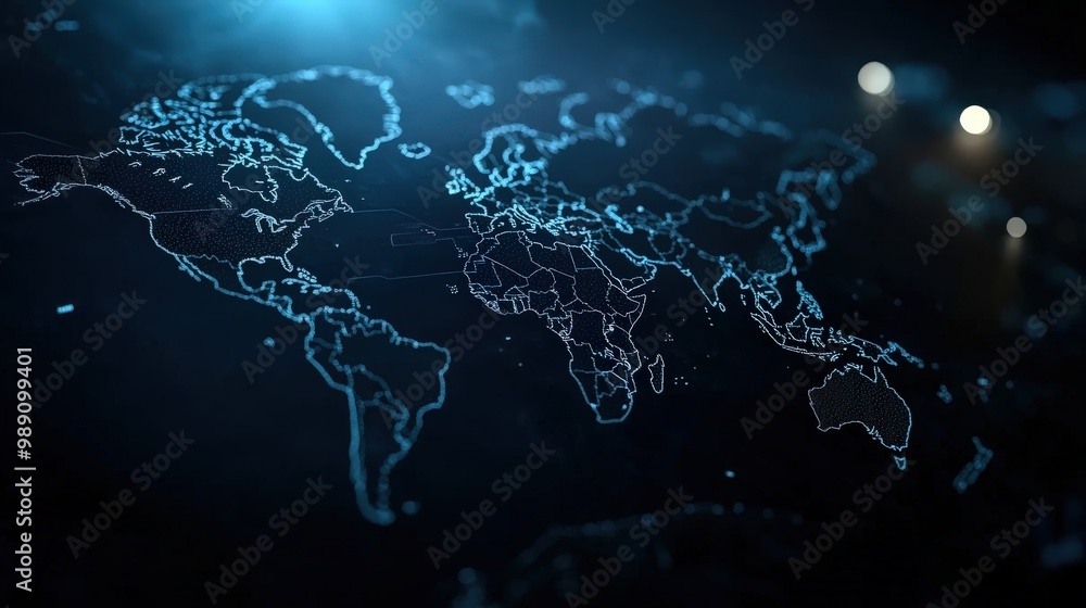 Naklejka premium A high-tech digital illustration of a world map, glowing with blue lighting effects, representing global connections, technology, and digital communication.