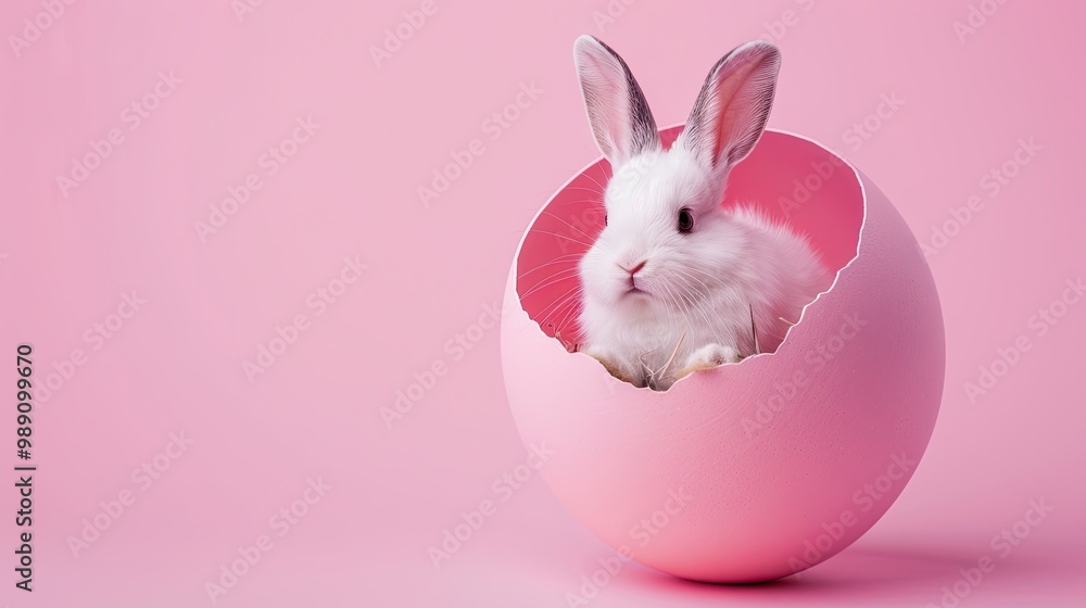 Cute Easter bunny hatching from pink Easter egg isolated on pastel pink background with copy space, Happy Easter banner with adorable rabbit Cute Easter bunny hatching from pink Easter egg isolated on pastel pink background with copy space, Happy Easter banner with adorable rabbit