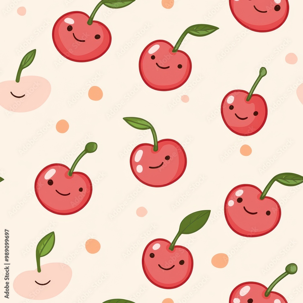 Cute and cheerful cherry pattern with smiling faces on a light background, perfect for playful designs and children's products. Cute and cheerful cherry pattern with smiling faces on a light background, perfect for playful designs and children's products.