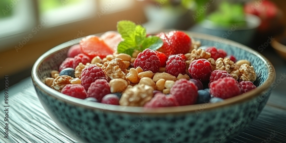 vibrant bowl filled with fresh berries, nuts, and granola, showcasing healthy snack option. colorful mix of raspberries, blueberries, and strawberries is both appealing and nutritious, perfect for vibrant bowl filled with fresh berries, nuts, and granola, showcasing healthy snack option. colorful mix of raspberries, blueberries, and strawberries is both appealing and nutritious, perfect for