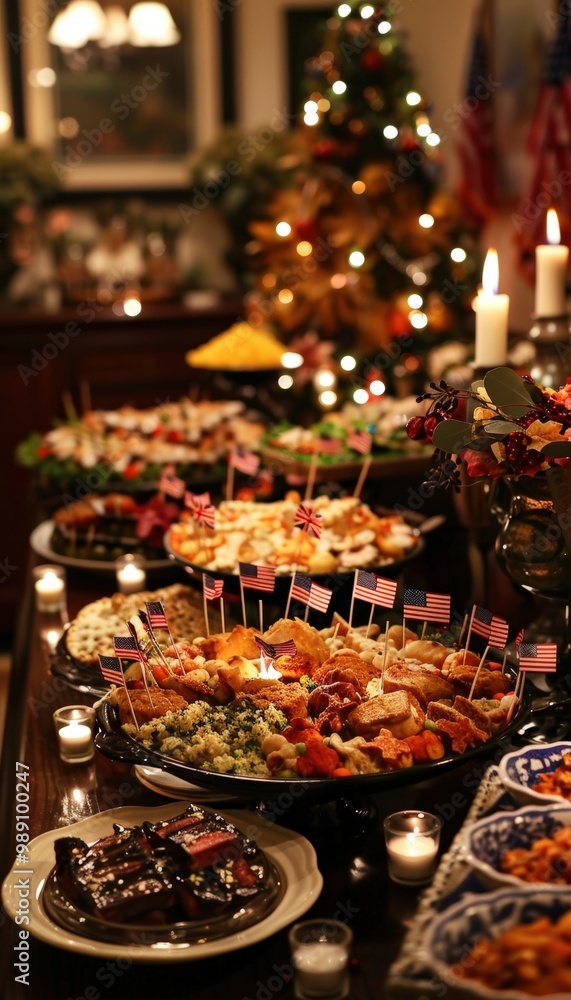 Festive Columbus Day Buffet: Autumn-Inspired Dishes and Decorated with American Flags Festive Columbus Day Buffet: Autumn-Inspired Dishes and Decorated with American Flags