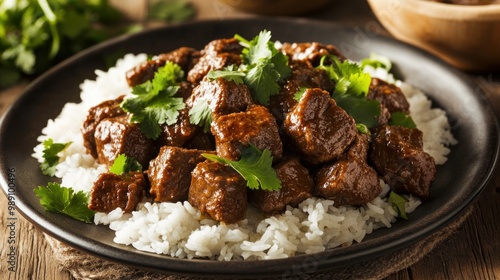 A plate of tender beef served over fluffy white rice, garnished with fresh cilantro.