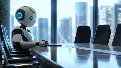 Business meeting between a robot and a human at a sleek conference table, discussing futuristic strategies. No logo, no distractions.