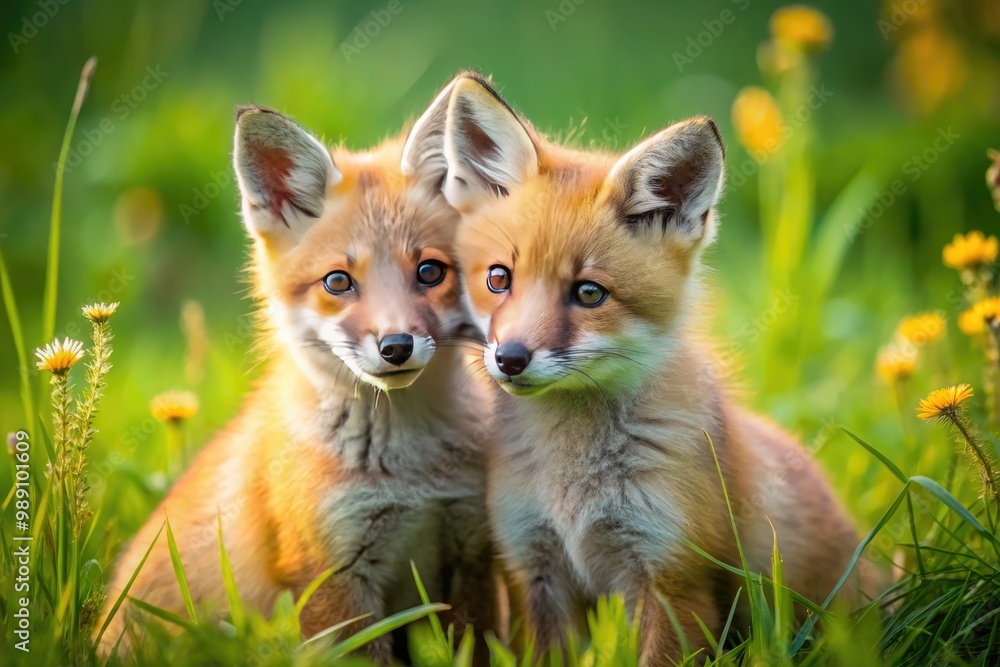 Adorable orange fox kits playfully snuggle and nuzzle each other in a lush green meadow, showcasing their fluffy fur and curious, big brown eyes. Adorable orange fox kits playfully snuggle and nuzzle each other in a lush green meadow, showcasing their fluffy fur and curious, big brown eyes.