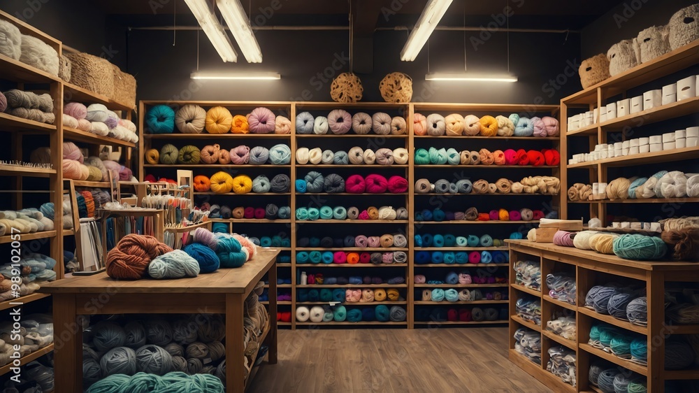 Naklejka premium Craft store shelves with knitting supplies background