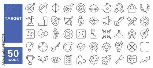 Set of 50 line icons related to target, success, goal, final, center, focus, achievement, accurate, mission, job, targeting, Editable stroke. Vector illustration