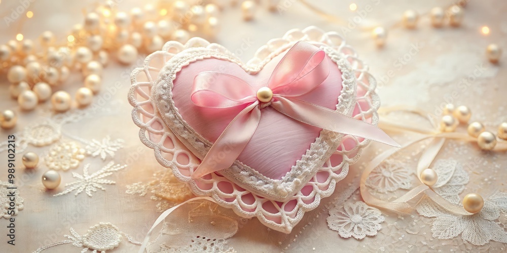 Adorable pink and white ornate heart adorned with delicate lace and tiny bows, set against a soft, creamy background, exuding warmth and tender sentiment. Adorable pink and white ornate heart adorned with delicate lace and tiny bows, set against a soft, creamy background, exuding warmth and tender sentiment.