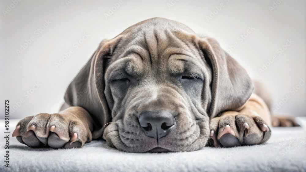 Adorable playful Great Dane puppy with floppy ears and wrinkled skin lies on a blanket, paws curled up, and eyes closed in a peaceful snooze. Adorable playful Great Dane puppy with floppy ears and wrinkled skin lies on a blanket, paws curled up, and eyes closed in a peaceful snooze.