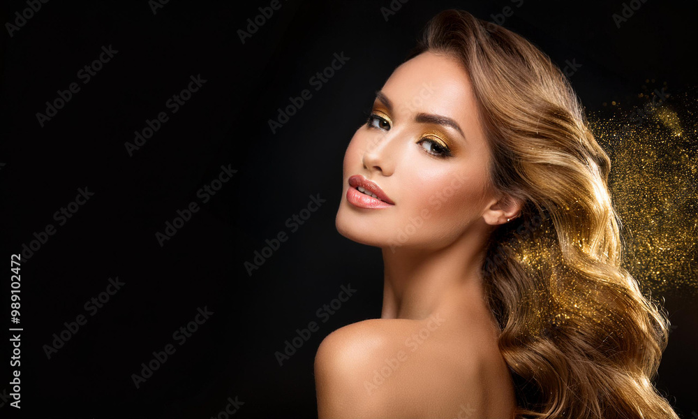 Beautiful model girl with golden makeup, hair on a black background, gold particles swirling like a comet wreck from hair on a black background Beautiful model girl with golden makeup, hair on a black background, gold particles swirling like a comet wreck from hair on a black background