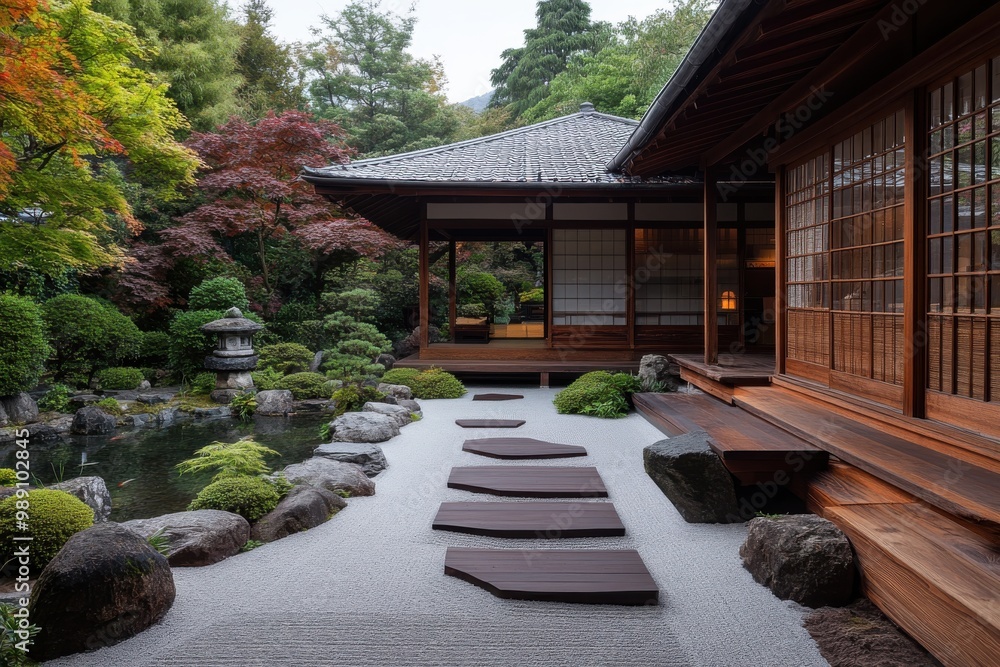 Fototapeta premium A traditional Japanese pathway leading through a garden, complete with wooden step stones, meticulously arranged trees, a tranquil koi pond, and a traditional wooden house.