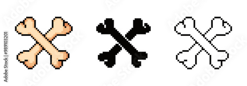 Crossed bones pixel icons. Retro skull and danger symbol