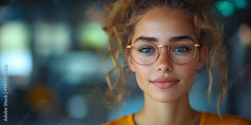 young professional woman with curly hair and glasses smiles confidently, showcasing her bright blue eyes and natural beauty. She exudes sense of readiness and enthusiasm young professional woman with curly hair and glasses smiles confidently, showcasing her bright blue eyes and natural beauty. She exudes sense of readiness and enthusiasm