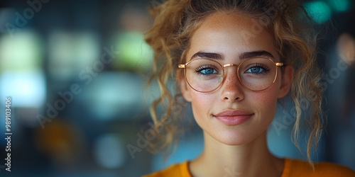 young professional woman with curly hair and glasses smiles confidently, showcasing her bright blue eyes and natural beauty. She exudes sense of readiness and enthusiasm