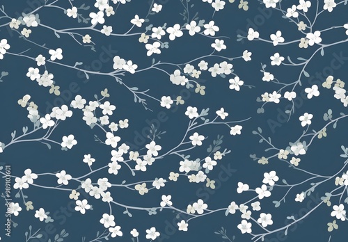 Seamless Floral Pattern with White Blossoms on Blue Background