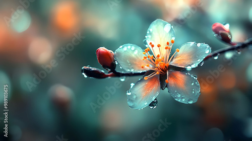 Delicate Flower Bloom After Rain with Water Drops