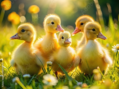 Adorable yellow ducklings waddle and play in a sunny meadow, their fluffy feathers and curious expressions capturing the essence of childhood innocence and natural wonder. photo