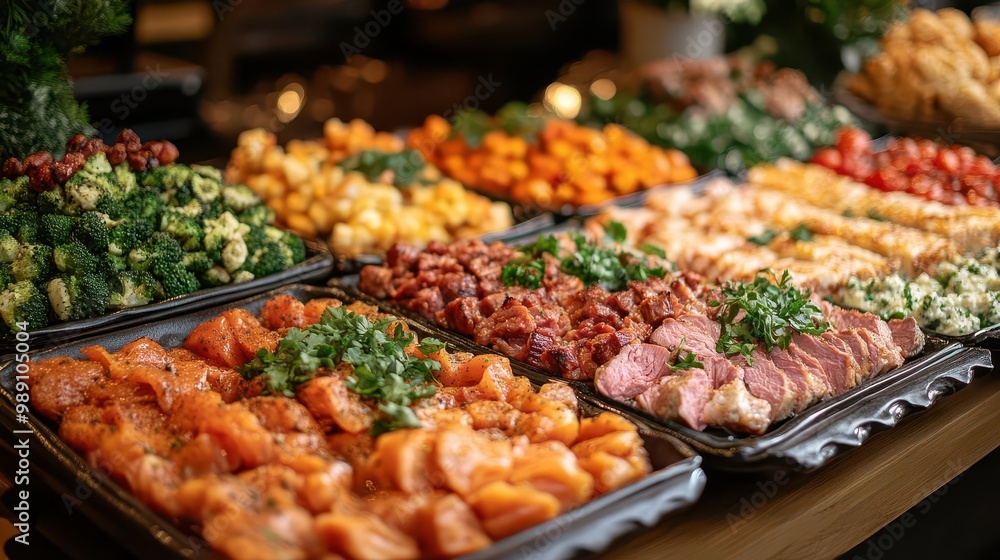 gourmet buffet extravaganza an opulent spread of colorful dishes from succulent meats to vibrant vegetables elegant presentation on gleaming serving platters lit by warm ambient lighting gourmet buffet extravaganza an opulent spread of colorful dishes from succulent meats to vibrant vegetables elegant presentation on gleaming serving platters lit by warm ambient lighting