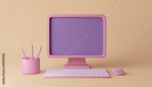 A minimalist pink desktop setup featuring a computer monitor, keyboard, mouse, and a pen holder against a soft beige background. photo