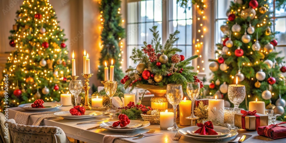 A festive holiday gathering with sparkling decorations, twinkling lights, and a beautifully set dinner table surrounded by gleaming ornaments and wrapped gifts. A festive holiday gathering with sparkling decorations, twinkling lights, and a beautifully set dinner table surrounded by gleaming ornaments and wrapped gifts.