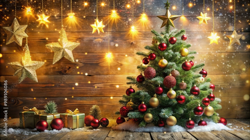 A festive holiday scene featuring a beautifully decorated Christmas tree, adorned with ornaments, garlands, and a sparkling star, set against a warm and cozy winter background. A festive holiday scene featuring a beautifully decorated Christmas tree, adorned with ornaments, garlands, and a sparkling star, set against a warm and cozy winter background.