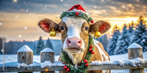 A festive rural scene featuring a adorable cow wearing a Santa hat and garland, standing by a snow-covered fence amidst a winter wonderland backdrop. photo