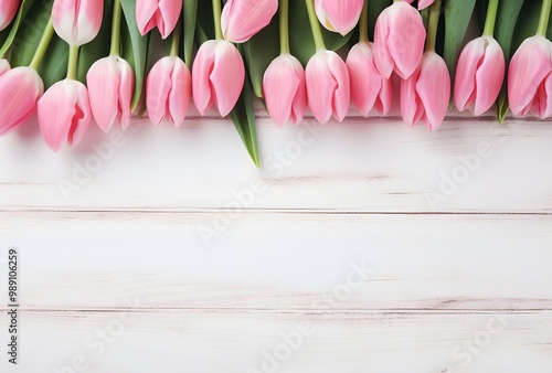 Pink Tulips Border on White Wooden Background