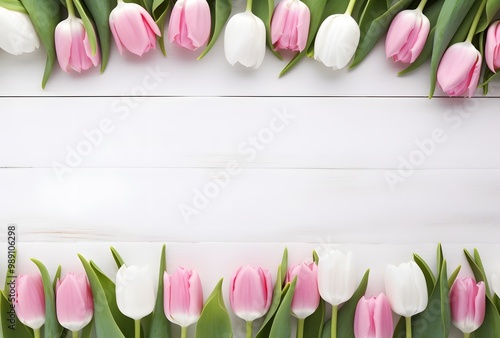 Pink and White Tulip Border on White Wood